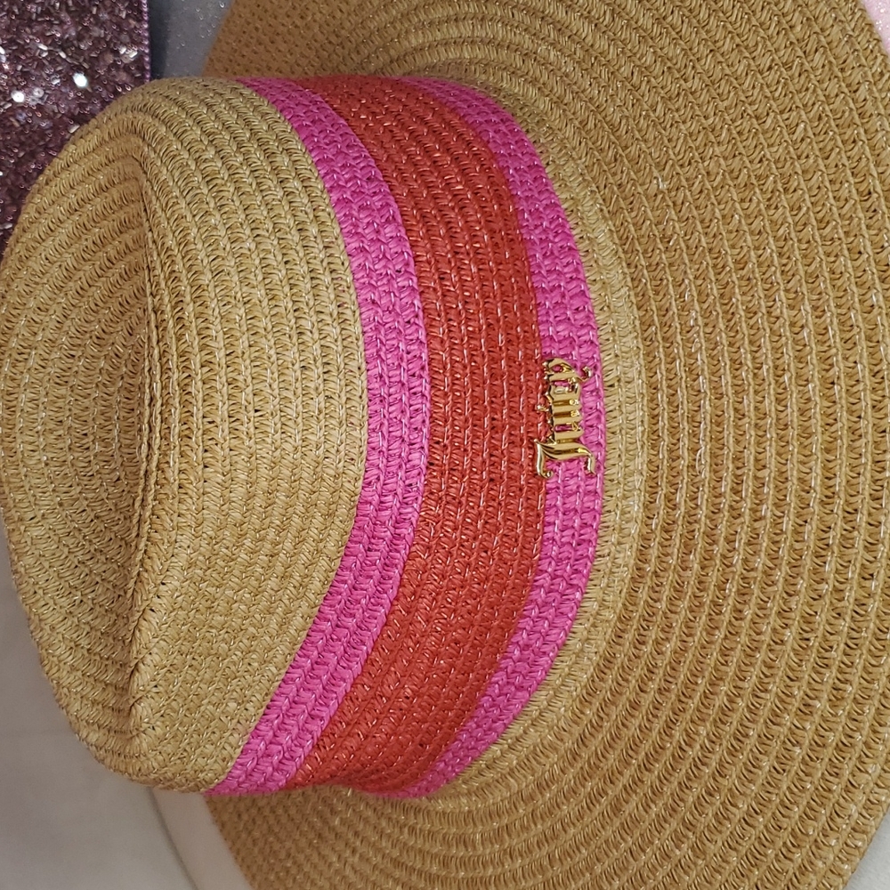 πHPπ Juicy Couture β€οΈπNWTπβ€οΈ Natural Straw Fedora Hot Pink & Red Stripe!β€οΈπ - Picture 13 of 14